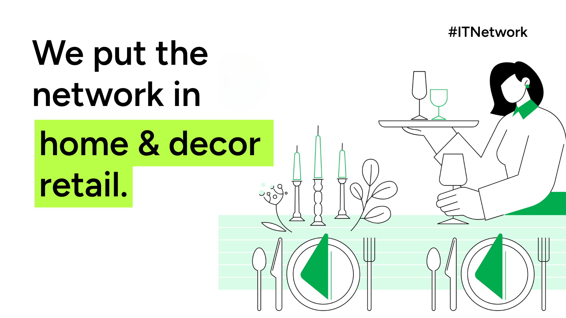 Line drawing of a mother setting the dinner table with plates, glasses, candles, and silverware.